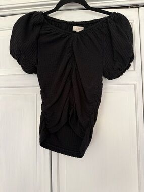 LOFT Black Ruched Puff-Sleeve Blouse